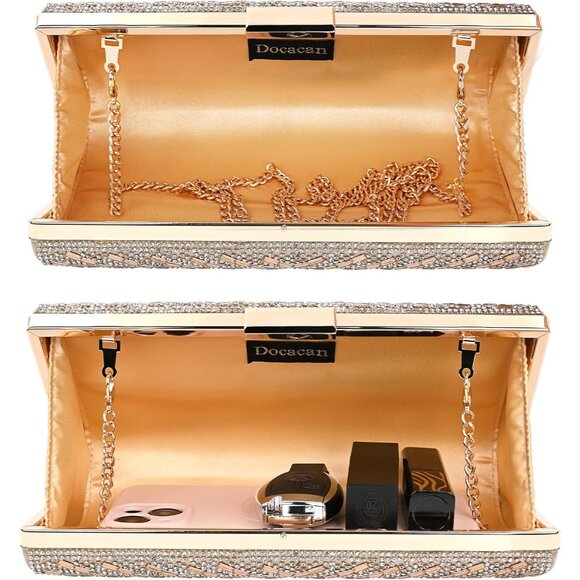 ⚡ Women\'s Sparkly Rhinestone Glitter Metal Clasp Chain Evening Gold Clutch Bag